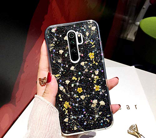 Glitzer Hülle für Xiaomi Redmi Note 8 Pro Hülle Blumen,Glänzend Glitzer Getrocknete Blumen TPU Silikon Hülle Handyhülle Tasche Durchsichtig Handy Hülle Schutzhülle für Xiaomi Redmi Note 8 Pro,Gelb von JAWSEU