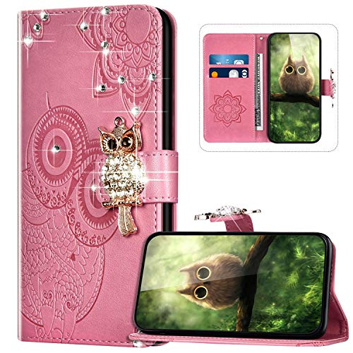 Handyhülle für Samsung Galaxy A31 Hülle Leder,Galaxy A31 Klapphülle Handytasche Bling Glitzer Diamant Eule Muster Tasche Leder Flip Case Lederhülle Magnetisch Wallet Schutzhülle,Rosa von JAWSEU