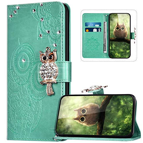 Handyhülle für Samsung Galaxy S20 Plus Hülle Leder,Galaxy S20 Plus Klapphülle Handytasche Bling Glitzer Diamant Eule Muster Tasche Leder Flip Case Lederhülle Magnetisch Wallet Schutzhülle,Grün von JAWSEU