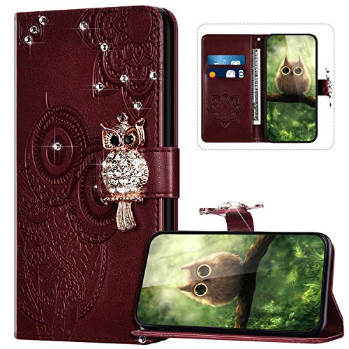 Handyhülle für Xiaomi Redmi Note 9 Hülle Leder,Redmi Note 9 Pro Klapphülle Handytasche Bling Glitzer Diamant Eule Muster Tasche Leder Flip Case Lederhülle Magnetisch Wallet Schutzhülle,Wine Rot von JAWSEU