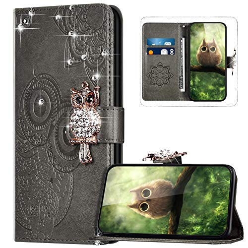 Handyhülle für iPhone 12 Mini Hülle Leder,iPhone 12 Mini Klapphülle Handytasche Bling Glitzer Diamant Eule Muster Tasche Leder Flip Case Lederhülle Magnetisch Wallet Schutzhülle,Grau von JAWSEU