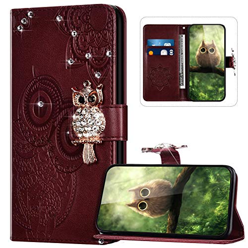 Handyhülle für iPhone 12 Mini Hülle Leder,iPhone 12 Mini Klapphülle Handytasche Bling Glitzer Diamant Eule Muster Tasche Leder Flip Case Lederhülle Magnetisch Wallet Schutzhülle,Wine Rot von JAWSEU
