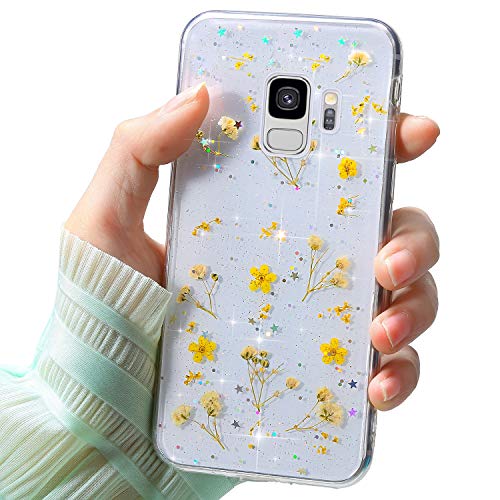 JAWSEU Hülle für Samsung Galaxy S9 Glitzer Weiche Silikon Handyhülle,Getrocknete Blumen Bling Glänzend Durchsichtig TPU Silikon Hülle Schutzhülle Ultra Dünn Handytasche Flexibel Bumper Case,Gelb von JAWSEU