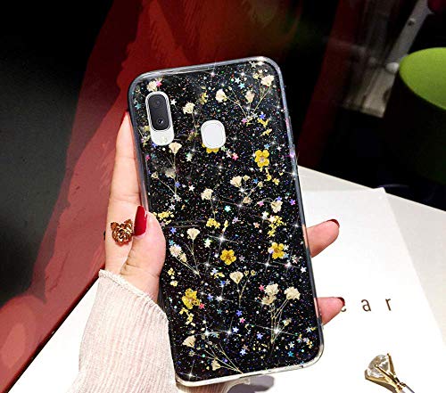 Klar Glitzer Hülle für Samsung Galaxy A20e Hülle Blumen,Glänzend Glitzer Getrocknete Blumen Weiche TPU Silikon Hülle Handyhülle Tasche Durchsichtig Handy Hülle Schutzhülle für Galaxy A20e,Gelb von JAWSEU