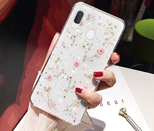 Klar Glitzer Hülle für Samsung Galaxy A20e Hülle Blumen,Glänzend Glitzer Getrocknete Blumen Weiche TPU Silikon Hülle Handyhülle Tasche Durchsichtig Handy Hülle Schutzhülle für Galaxy A20e,Rosa von JAWSEU