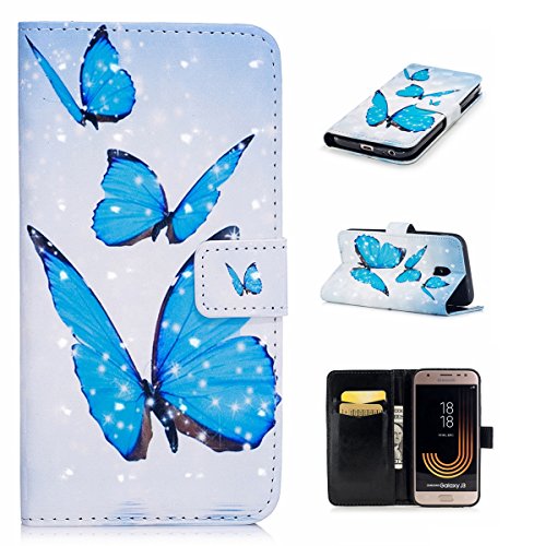 Kompatibel mit Galaxy J3 2017 Hülle,Handyhülle PU Leder Flip Case Cover Schutz Kunstleder Tasche Etui Lederhülle Schutzhülle im Bookstyle Klapphülle Wallet Case Für Galaxy J3 2017,Blau Schmetterling von JAWSEU