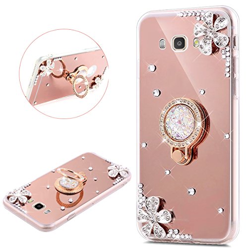 Kompatibel mit Galaxy J5 2016 Hülle,Galaxy J5 2016 Handyhülle,Glitzer Strass Diamant Spiegel Hülle TPU Silikon Hülle Schutzhülle Case Handytasche mit Ring 360 Grad Ständer Für Galaxy J5 2016 Rose Gold von JAWSEU