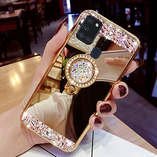 Kompatibel mit Samsung Galaxy A21S Hülle,Galaxy A21S Handyhülle,Glitzer Strass Diamant Spiegel Hülle TPU Silikon Hülle Schutzhülle Case Handytasche mit Ring 360 Grad Ständer für Galaxy A21S,Gold von JAWSEU