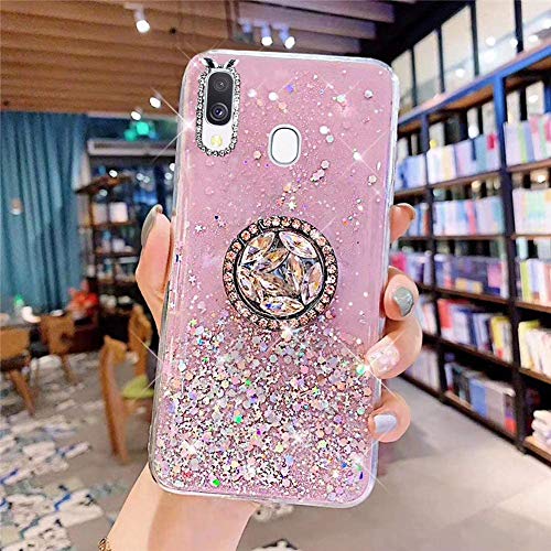 Kompatibel mit Samsung Galaxy A21S Hülle mit Diamant Ring Ständer,Handyhülle Galaxy A21S Glänzend Bling Glitzer Stern Transparent Silikon Hülle TPU Schutzhülle Case Tasche,Rosa von JAWSEU