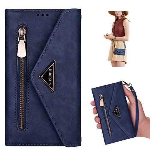 Kompatibel mit Samsung Galaxy A5 2017 Hülle Leder Flip Handyhülle Schutzhülle Tasche Brieftasche Wallet Case Geldbörse [5 Kartenfach] Reißverschluss Handschlaufe Handytasche Klapphülle,Blau von JAWSEU