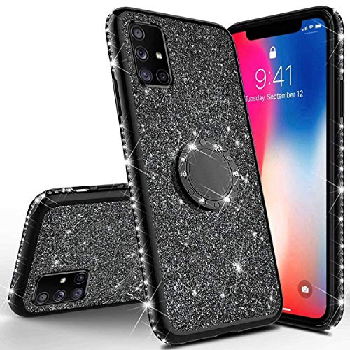 Kompatibel mit Samsung Galaxy A51 Hülle,JAWSEU [Ring Ständer Halter] Glänzend Glitzer Kristall Strass TPU Silikon Hülle Bumper Case Rückseite Handy Hülle Tasche Etui Schutzhülle für Galaxy A51,Schwarz von JAWSEU