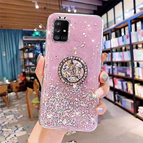 Kompatibel mit Samsung Galaxy A51 Hülle mit Diamant Ring Ständer,Handyhülle Galaxy A51 Glänzend Bling Glitzer Stern Transparent Silikon Hülle TPU Schutzhülle Case Tasche,Rosa von JAWSEU