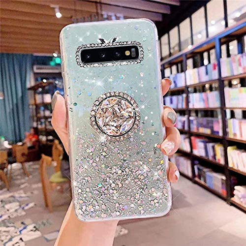 Kompatibel mit Samsung Galaxy S10 Plus Hülle mit Diamant Ring Ständer,Handyhülle Galaxy S10 Plus Glänzend Bling Glitzer Stern Transparent Silikon Hülle TPU Schutzhülle Case Tasche,Grün von JAWSEU