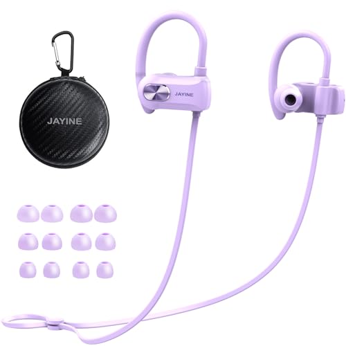 JAYINE Bluetooth Kopfhörer In Ear, Kopfhörer Kabellos Bluetooth 5.3 mit Mikrofon HD Sound und Anruf, Sportkopfhörer Bluetooth mit Weiche Ohrhaken 24H Spielzeit, IP67 Wasserdicht - Lila von JAYINE