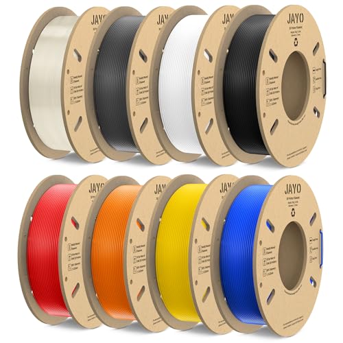 JAYO Filament PLA 1.75mm, 250g PLA 3D Drucker Filament Bundle Multicolor, Sauber Gewickeltes PLA Filament, PLA 250g Spule, 8 Packs, Total 2kg, Schwarz+Weiß+Grau+Transparent+Blau+Rot+Orange+Reines Gelb von JAYO