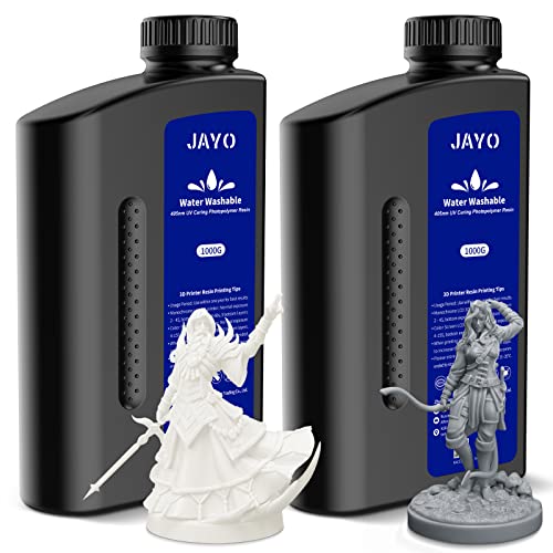 Water Washable Resin 2KG, JAYO 3D Drucker Resin Wasser Abwaschbar, 405nm UV Standard Rapid Photopolymer Harz für 4K/6K/8K LCD/DLP/SLA 3D Printer, Hohe Präzision, 1KG Bottle, 2 Pack, Grau+Weiß von JAYO