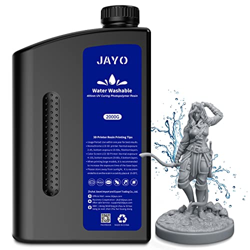 Water Washable Resin 2KG, JAYO 3D Drucker Resin Wasser Abwaschbar, 405nm UV Standard Rapid Photopolymer Harz für 4K/6K/8K LCD/DLP/SLA 3D Printer, Hohe Präzision, Geringer Geruch, Grau 2000g von JAYO