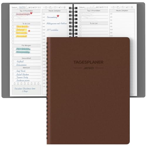 JAYSOO® Tagesplaner,undatierter Terminplaner mit 24 Stunden Zeitplan, To do list usw., 132 Seiten/66 Blatt 155x215mm Soft Cover Coil Tagesplanung für Arbeit, Lernen und Familienplan - Braun von JAYSOO