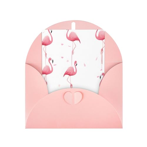 (Flamingos auf Weiß) Druck Premium Perlglanz-Grußkarten mit rosa Umschlägen, schimmernde Geburtstags-, Weihnachts- und Hochzeitskarten, innen blanko. von JAYWIS