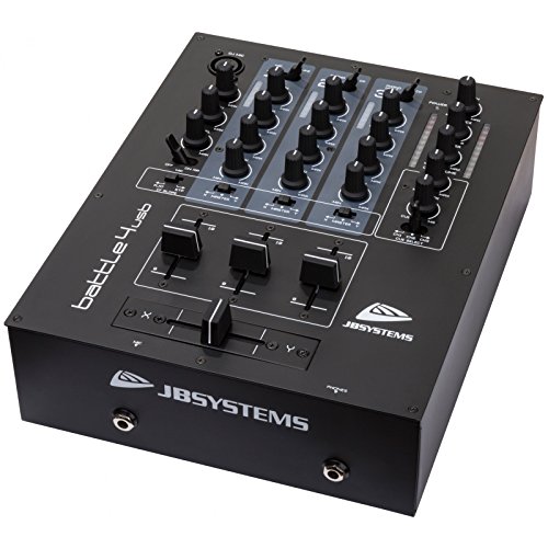 JB Systems BATTLE4-USB 4-Kanal DJ Mixer mit 9 Eingängen verteilt auf 4 Kanäle (3 Line-, 2 Phono-, 2 USB- und 2 Mikrofon Eingänge) von JB Systems