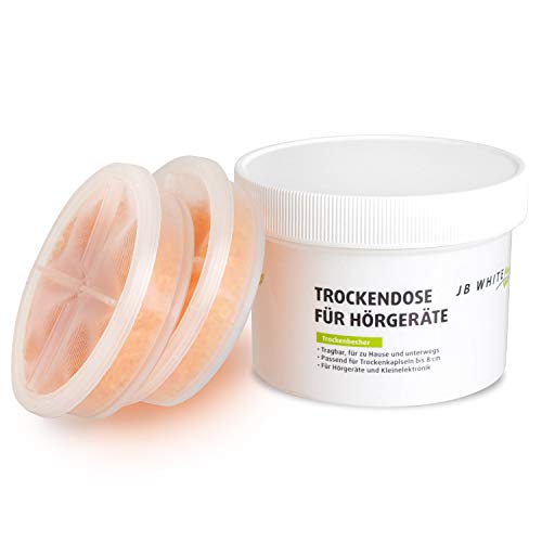 JB White Trockendose mit 2 Stück XXL (78mm / 40g) regenerierbaren Trockenkapseln zur Trocknung von Elektronik, Hörgerät, Otoplastik und Actioncam, Trockenbecher für Hörgeräte (Ø 8,5cm / H 6,5cm) von JB White