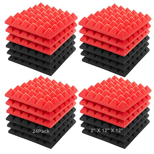 JBER Akustikschaumstoff-Platten, 5,1 x 30,5 x 30,5 cm, Schalldämmbehandlung, Studio-Wandpolsterung, Schalldämmend, Feuerfeste Pyramiden-Keilfliesen 24 Pack Rot/Dunkelgrau von JBER