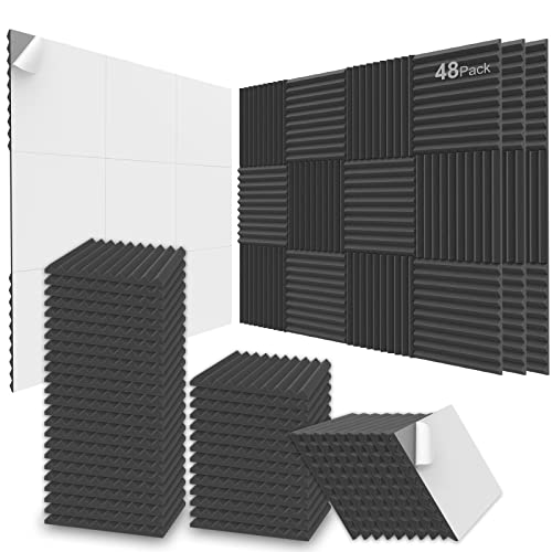 JBER Akustikschaumstoffplatten, 48 Packungen 12 x 12 x 1 Zoll / 2,5 x 30 x 30 cm, schalldichte Wandpaneele, selbstklebend, für Zuhause, Büro und Studio (schwarz) von JBER