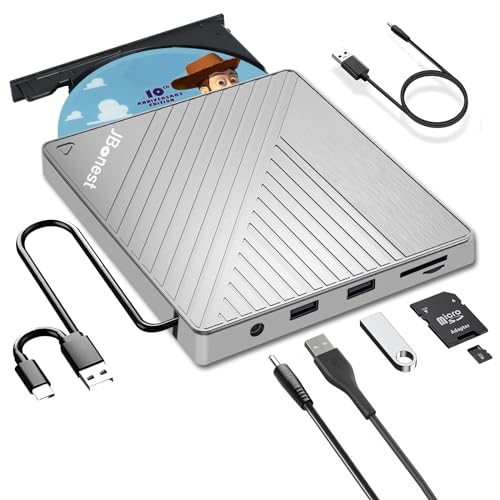 Externes CD DVD Laufwerk USB 3.0 Typ-C, Extern mit SD/TF-Kartenleser Portable RW Brenner,Schnelle Datenübertragung für Laptop,Desktop,MacBook,Win11/10/8/7/XP, Linux,Mac OS,Vista von JBonest