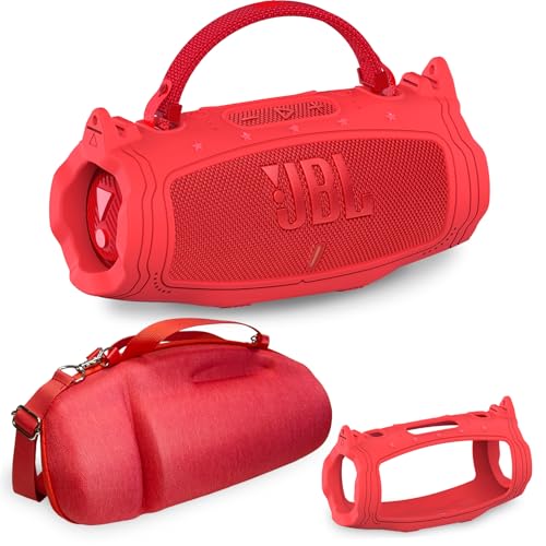 JCHPINE Silikonhülle und harte Tragetasche für JBL Charge 6 Tragbarer Bluetooth-Lautsprecher-Zubehör, Schutzhüllen für JBL Charge 6 AI Sound Bluetooth-Lautsprecher mit Schultergurt (Rot) von JCHPINE