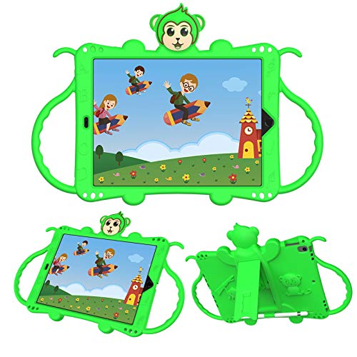JCTek Kinder Hülle für iPad 7. / 8. Generation, kompatibel mit iPad 10.2 Zoll 2019/2020, iPad Pro 10.5 Zoll, Cute Cartoon Affe Stoßfest Griff Stand Schultergurt Kinder Hülle (Grün) von JCTek
