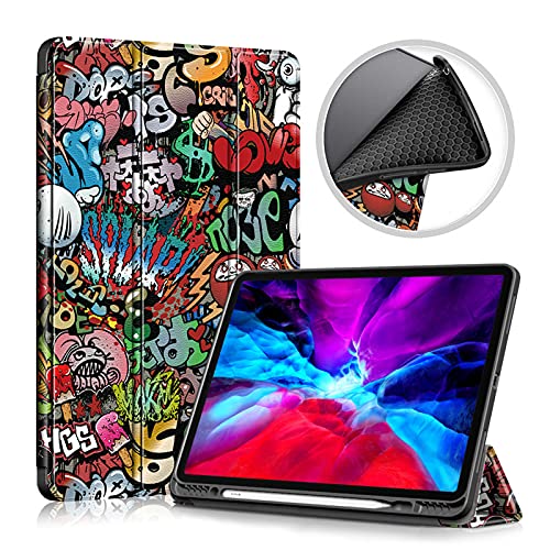 JCTek Slim Case Kompatibel mit dem neuen iPad Pro 12,9 Zoll 2021 (5. Generation) Tri-Fold Smart Case mit Stifthalter, Leichte Standhülle, Auto Sleep and Wake (Graffiti) von JCTek