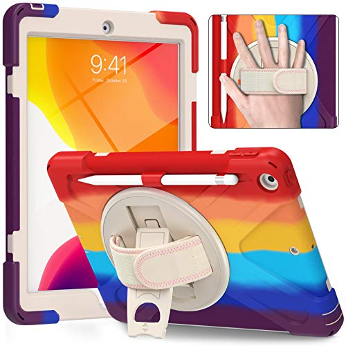 JCTek Stoßfeste Schutzhülle für iPad 10,2 Zoll 2020/2019 8. / 7. Generation, mit Displayschutzfolie, drehbarem Ständer, Hand-/Schultergurt, Hybrid-Schutzhülle (Mehrfarbig) Rot von JCTek