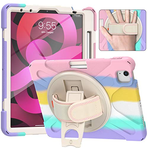 JCTek Stoßfeste Schutzhülle für iPad Air 4. Generation, iPad 10,9 Zoll 2020, mit Displayschutzfolie, drehbarem Ständer, Hand-/Schultergurt, Hybrid-Armor Rugged Schutzhülle (Multicolor Pink) von JCTek