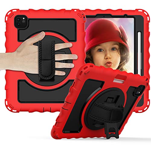 JCTek Stoßfeste Schutzhülle für iPad Pro 11 Zoll 2020 Tablet, Hybrid Armor robuste Schutzhülle mit eingebautem Stifthalter, Handschlaufe und Schultergurt, [drehbarer Ständer] Rot 360 von JCTek