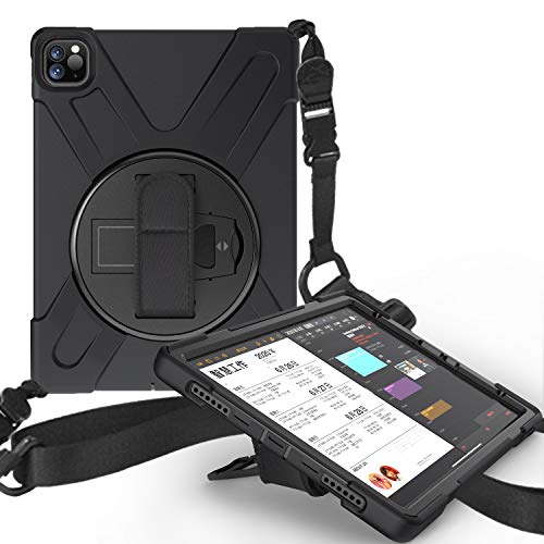 JCTek stoßfeste Schutzhülle für iPad Pro 27,9 cm (11 Zoll) 2020 Tablet, Hybrid Armor robuste stoßfeste Schutzhülle, Handschlaufe und Schultergurt, [360 ° drehbarer Ständer] Schwarz 28 cm (11 Zoll) von JCTek