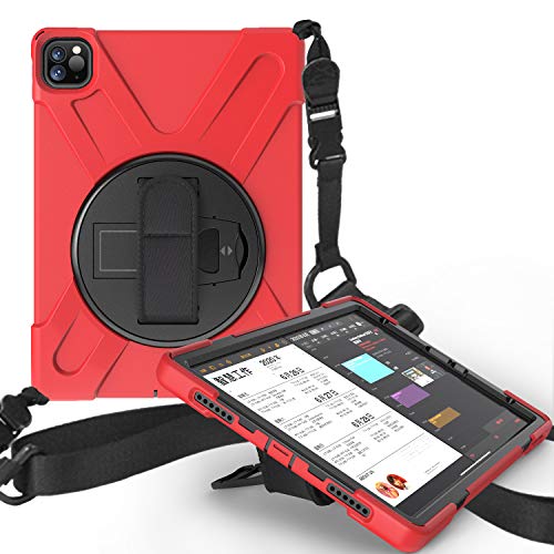 JCTek stoßfeste Schutzhülle für iPad Pro 27,9 cm (11 Zoll) 2020 Tablet, Hybrid Armor robuste stoßfeste Schutzhülle, Handschlaufe und Schultergurt, [360 ° drehbarer Ständer] rot 28 cm (11 Zoll) von JCTek