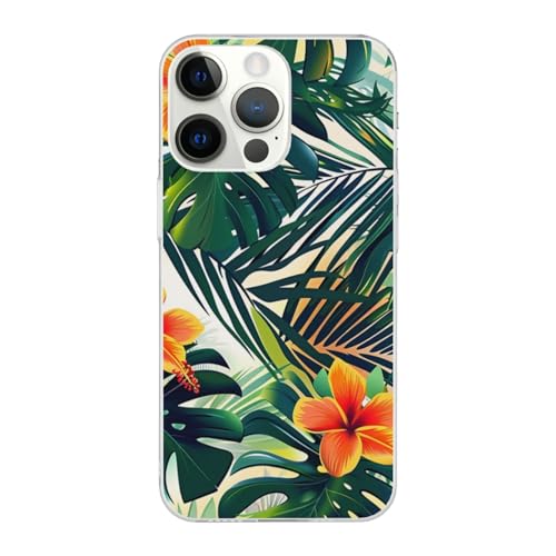 JCVOTREL Schutzhülle für iPhone 14 Pro 15,5 cm (6,1 Zoll), tropische hawaiianische Blume, Palmblätter, TPU + Acryl, stoßfest, lustig, transparent, schnelles Aufladen, Anti-Fingerabdruck von JCVOTREL