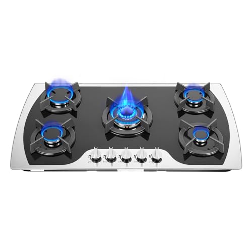 JDBDU Gaskochfeld 5 Flammig, Gasherd Eingebaut/Aufsatzplatte Glas Gaskochfelder, LPG/NG Gas Stove Elektronische Impulszündung mit Automatischer Thermoelementschutz Glasherd JDBDU Gaskochfeld 5 Flammig, Gasherd Eingebaut/Aufsatzplatte Glas Gaskochfelder, LPG/NG Gas Stove Elektronische Impulszündung mit Automatischer Thermoelementschutz Glasherd von JDBDU