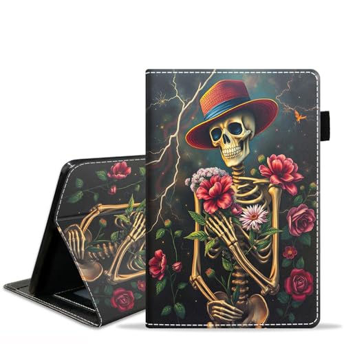 JDHJFBFJNP Schutzhülle für Amazon Kindle Fire 7 Tablet (12. Generation, Version 2022, 17,8 cm (7 Zoll) Display), PU-Leder, Standfunktion, Flip-Cover mit Kartenfach und Stifthalter, Totenkopf-Blume von JDHJFBFJNP