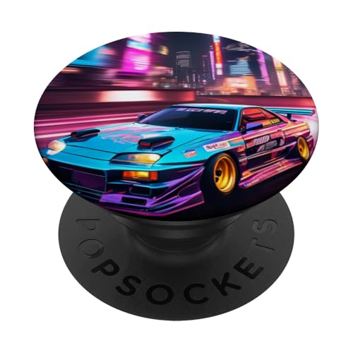 Retro JDM Japanisches Drift Rennauto Tokio Skyline bei Nacht PopSockets Klebender PopGrip von JDM Japanese Automotive Tuning Car Art