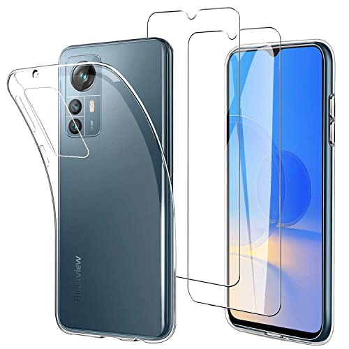 JDXHFF Hülle Kompatibel mit Blackview A85 (6.5") und 2 Stück Schutzglas Gehärteter Film Displayschutzfolie - Transparent Weich Silikon Schutzhülle Flexibel TPU Tasche Case Clear von JDXHFF