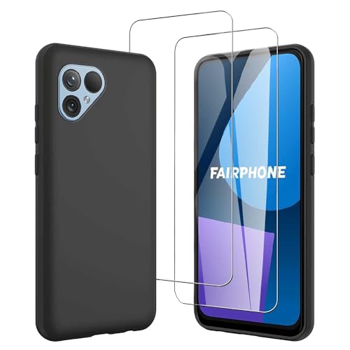 JDXHFF Hülle Kompatibel mit Fairphone 5 (6.46") und 2 Stück Schutzglas Gehärteter Film Displayschutzfolie - Schwarz Weich Silikon Schutzhülle Flexibel TPU Tasche Case Black von JDXHFF