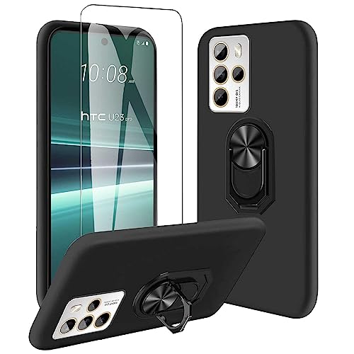 JDXHFF Hülle Kompatibel mit HTC U23 Pro (6.7") Schwarz und 360° Drehbarer Ständer und Panzerglas Displayschutzfolie - Schutzhülle Weich Silikon Flexibel TPU Tasche Case Black von JDXHFF