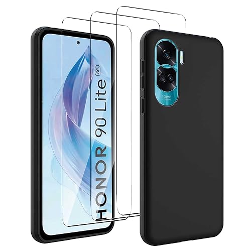 JDXHFF Hülle Kompatibel mit Honor 90 Lite 5G (6.7") Schwarz und 3 Stück Panzerglas Displayschutzfolie - Schutzhülle Weich Silikon Flexibel TPU Tasche Case Black von JDXHFF