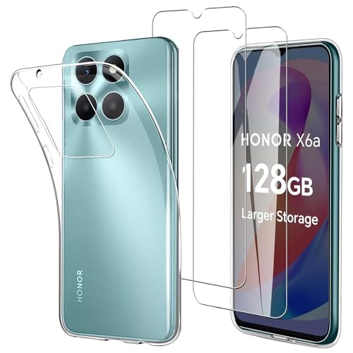 JDXHFF Hülle Kompatibel mit Honor X6a (6.5") und 2 Stück Schutzglas Gehärteter Film Displayschutzfolie - Transparent Weich Silikon Schutzhülle Flexibel TPU Tasche Case Clear von JDXHFF