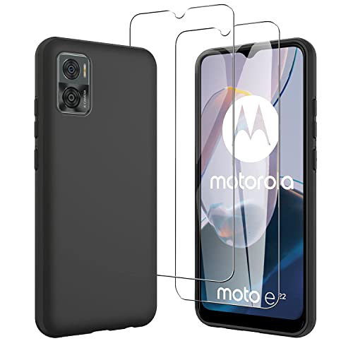 JDXHFF Hülle Kompatibel mit Motorola Moto E22 4G / Moto E22i 4G (6.5") und 2 Stück Schutzglas Gehärteter Film Displayschutzfolie - Schwarz Weich Silikon Schutzhülle Flexibel TPU Tasche Case Black von JDXHFF