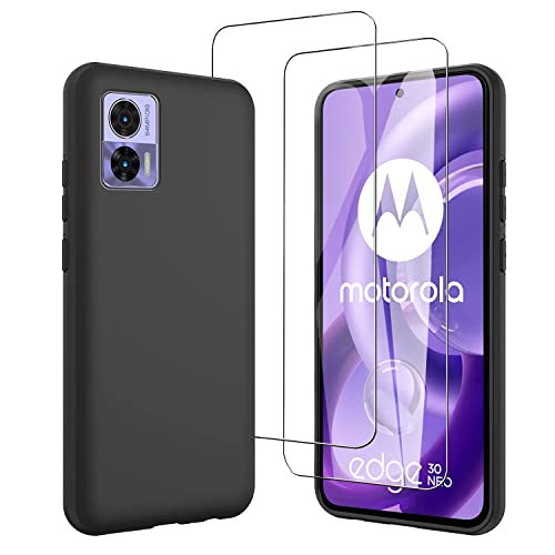 JDXHFF Hülle Kompatibel mit Motorola Moto Edge 30 Neo (6.28") und 2 Stück Schutzglas Gehärteter Film Displayschutzfolie - Schwarz Weich Silikon Schutzhülle Flexibel TPU Tasche Case Black von JDXHFF