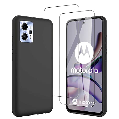 JDXHFF Hülle Kompatibel mit Motorola Moto G13 4G / Moto G23 4G (6.5") und 2 Stück Schutzglas Gehärteter Film Displayschutzfolie - Schwarz Weich Silikon Schutzhülle Flexibel TPU Tasche Case Black von JDXHFF