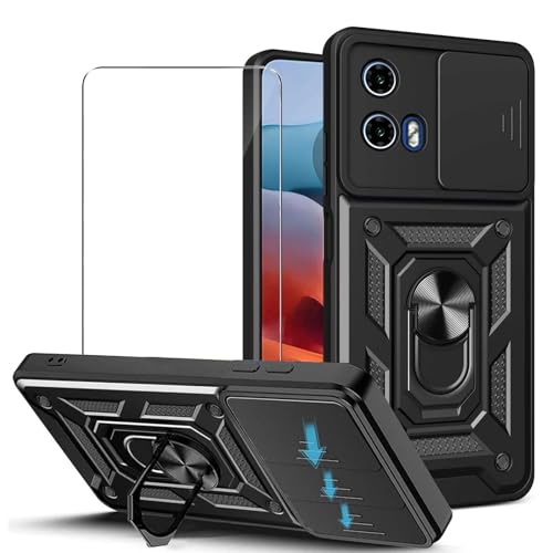 JDXHFF Hülle Kompatibel mit Motorola Moto G34 5G (6.5") und 1 x Panzerglas Displayschutzfolie - Weiche TPU und Hart PC Silikon Tasche Schutzhülle mit 360 ° Grad Ring Ständer Case Schwarz von JDXHFF