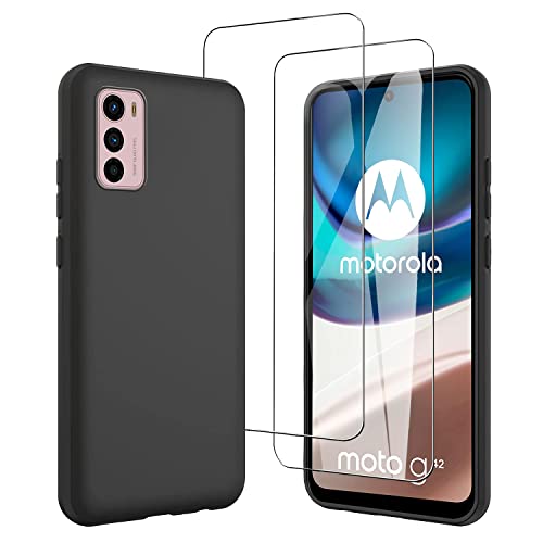 JDXHFF Hülle Kompatibel mit Motorola Moto G42 4G (6.4") und 2 Stück Schutzglas Gehärteter Film Displayschutzfolie - Schwarz Weich Silikon Schutzhülle Flexibel TPU Tasche Case Black von JDXHFF